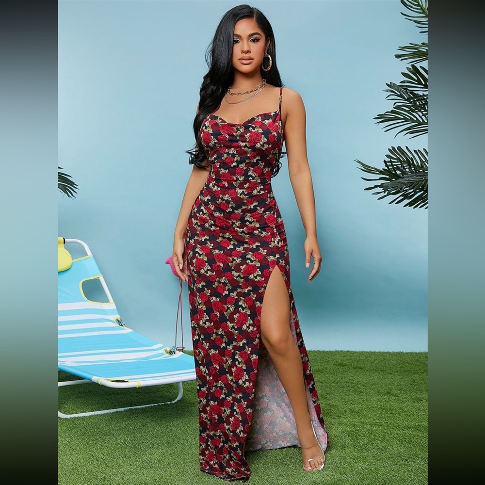 SHEIN SXY Draped Neck Split Thigh Floral Print Slip Dress